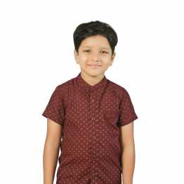 " Short Sleeve Boys' Shirt Band Collar Dark Maroon All Over Print "